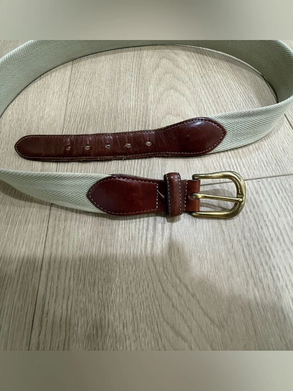 Vintage Coach Made in USA Belt Size 35 Cream Webbing Brown Leather Brass